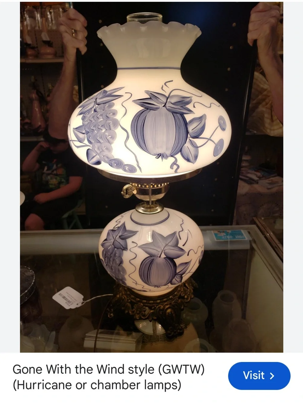 Vintage Blue and White Fruit Motif Handprinted Glass Lampshade-Gone w/ The Wind